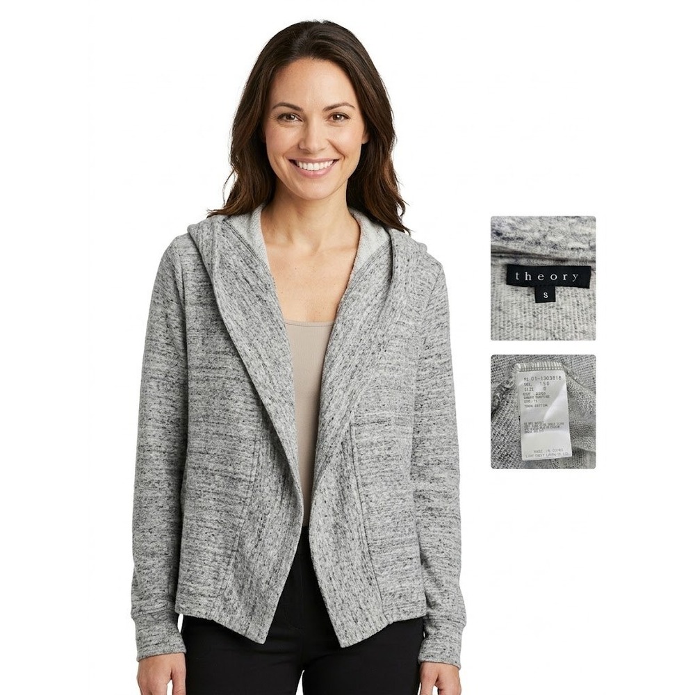 Theory Womens S‎ Gray Shirfa Surfside Cotton Open Front Hooded Cardigan Sweater
